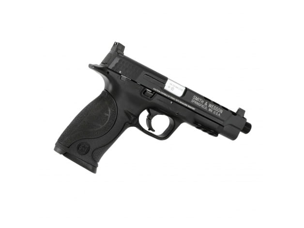 pistolet wiatrówka S&amp;W Performance Center Ported M&amp;P9L 4,5 mm leżący na macie strzeleckiej