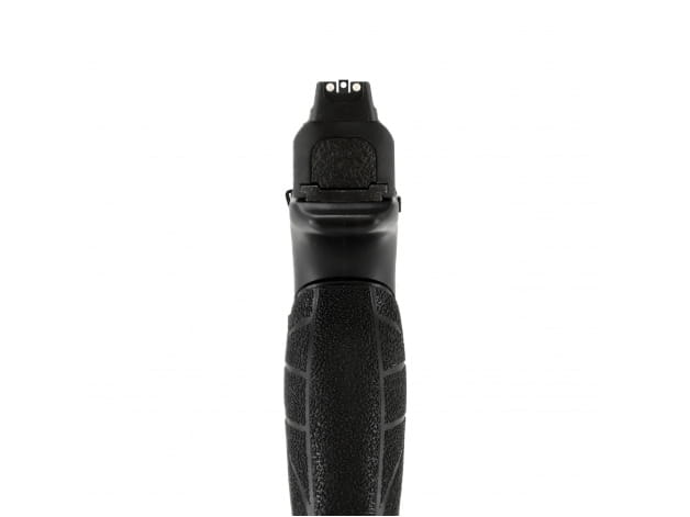 widok z tyłu na muszkę i szczerbinkę pistoletu Performance Center Ported M&amp;P9L 4,5 mm