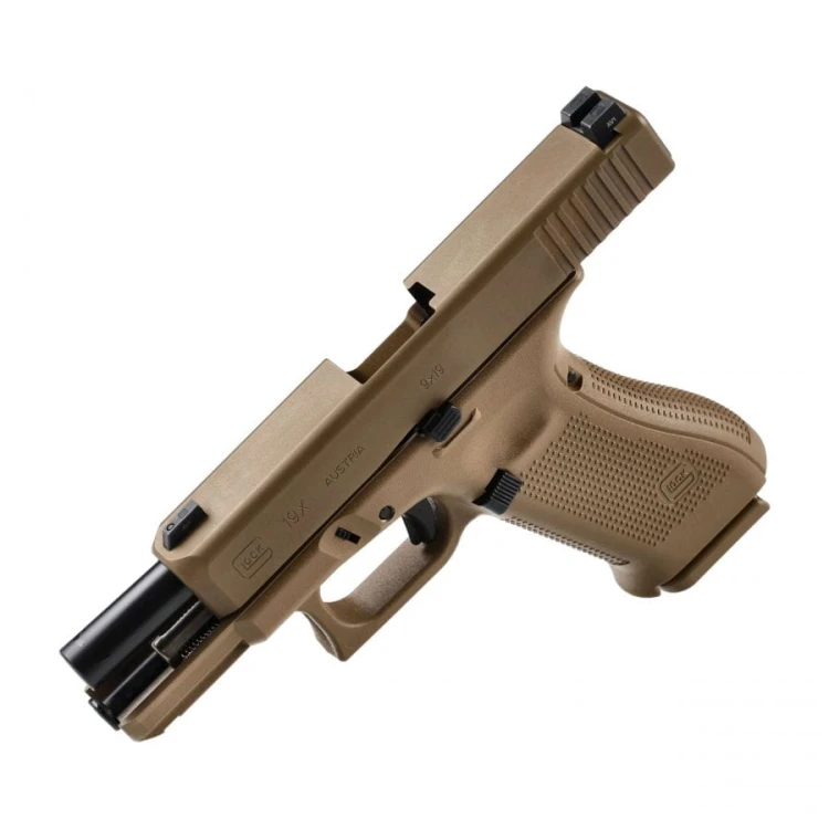 Glock 19X Coyote – zbliżenie na zamek i wykończenie