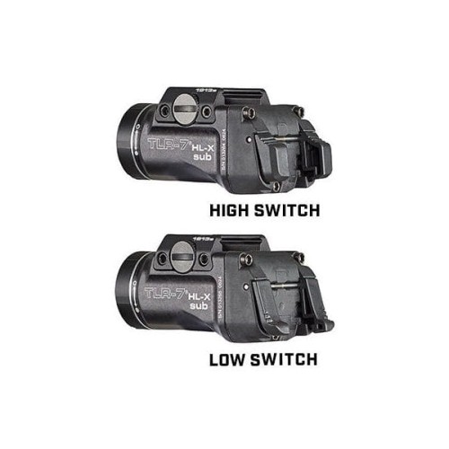 Kompaktowa latarka TLR-7 sub z widocznymi oburęcznymi tylnymi przełącznikami łopatkowymi (High/Low).