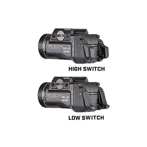 Kompaktowa latarka TLR-7 sub z widocznymi oburęcznymi tylnymi przełącznikami łopatkowymi (High/Low).