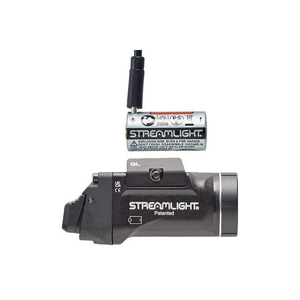 Latarka Streamlight TLR-7 sub, widok z przodu, ukazujący strumień światła o dużej mocy (500-1000 lumenów) i anodyzowane aluminium.