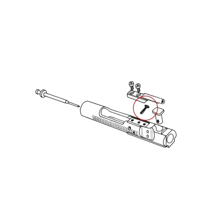 Pin iglicy umieszczony obok iglicy i trzonu zamka karabinu AR-15.
