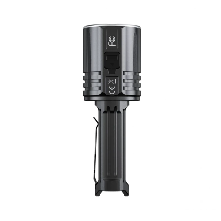 Latarka Fenix LR36R z widoczną głowicą z 13 diodami LED i laserem oraz wyświetlaczem OLED.